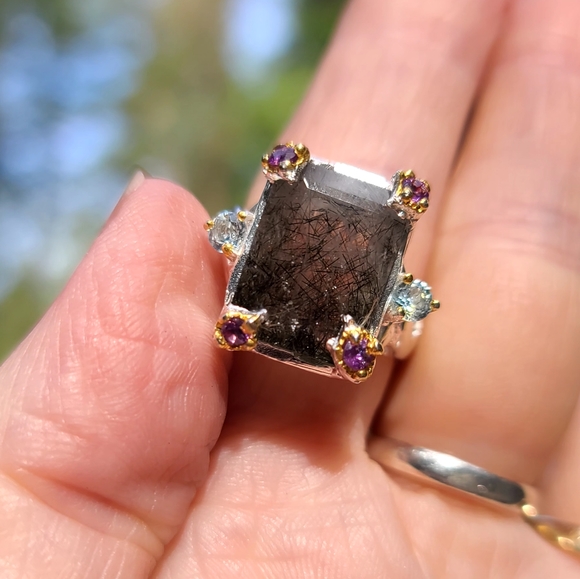 HUGE 9k rutilated quartz Amethyst &Topaz Sterling ring sz9 - Picture 7 of 8